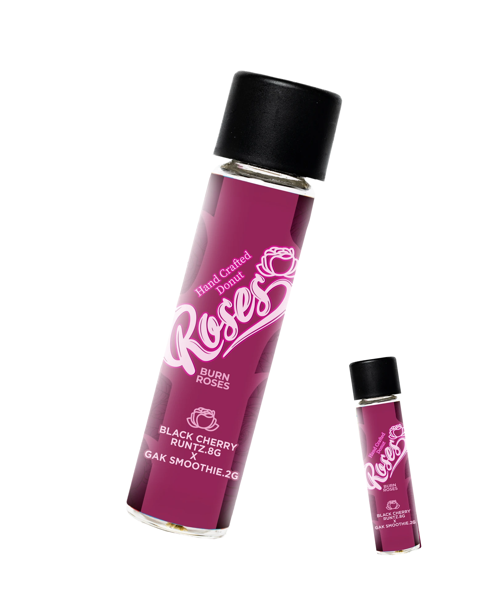 Roses Hand Crafted Donut pre-roll tube and jar: Black Cherry Runtz × Gak Smoothie