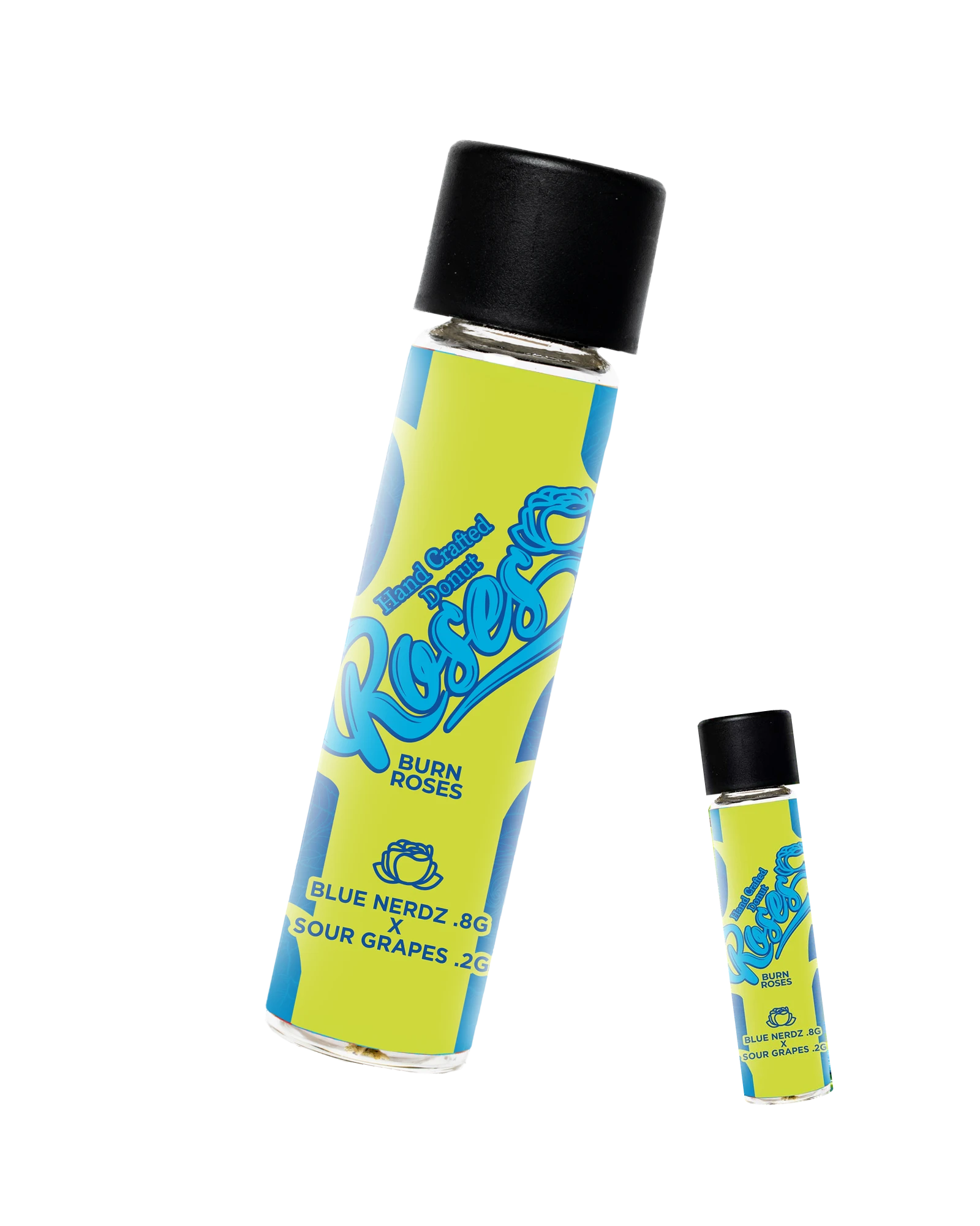 Roses Hand Crafted Donut pre-roll tube and jar: Blue Nerdz × Sour Grapes