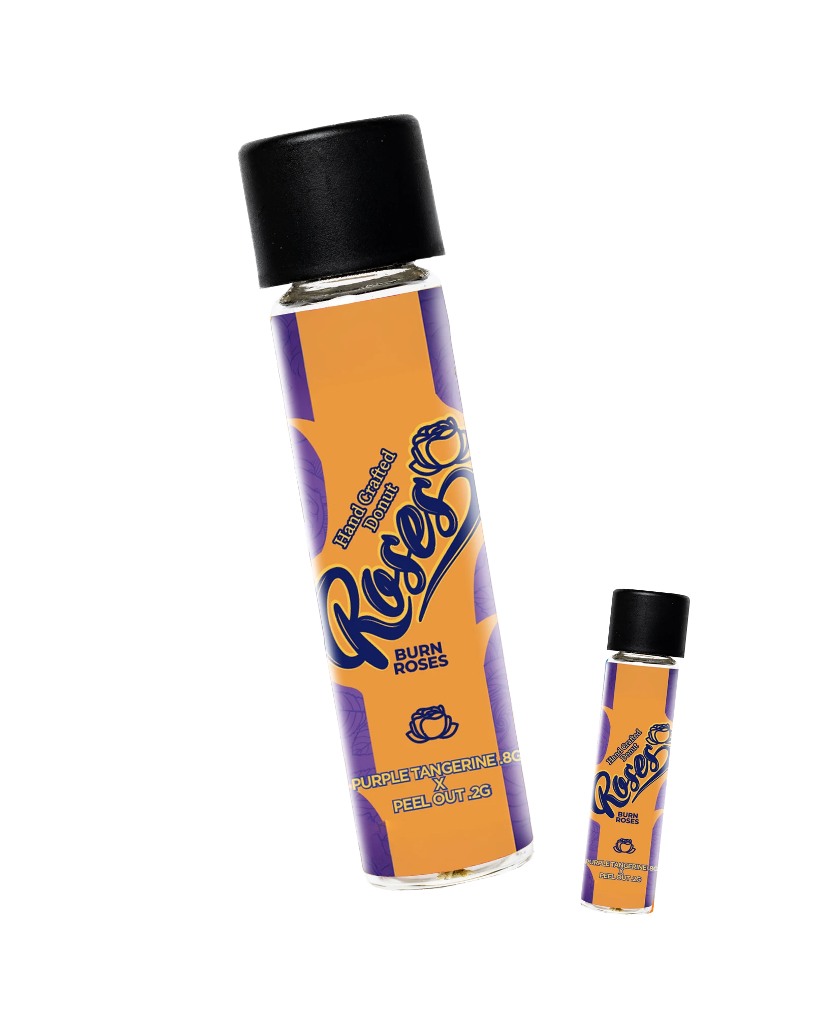 Roses Hand Crafted Donut pre-roll tube and jar: Purple Tangerine × Peel Out