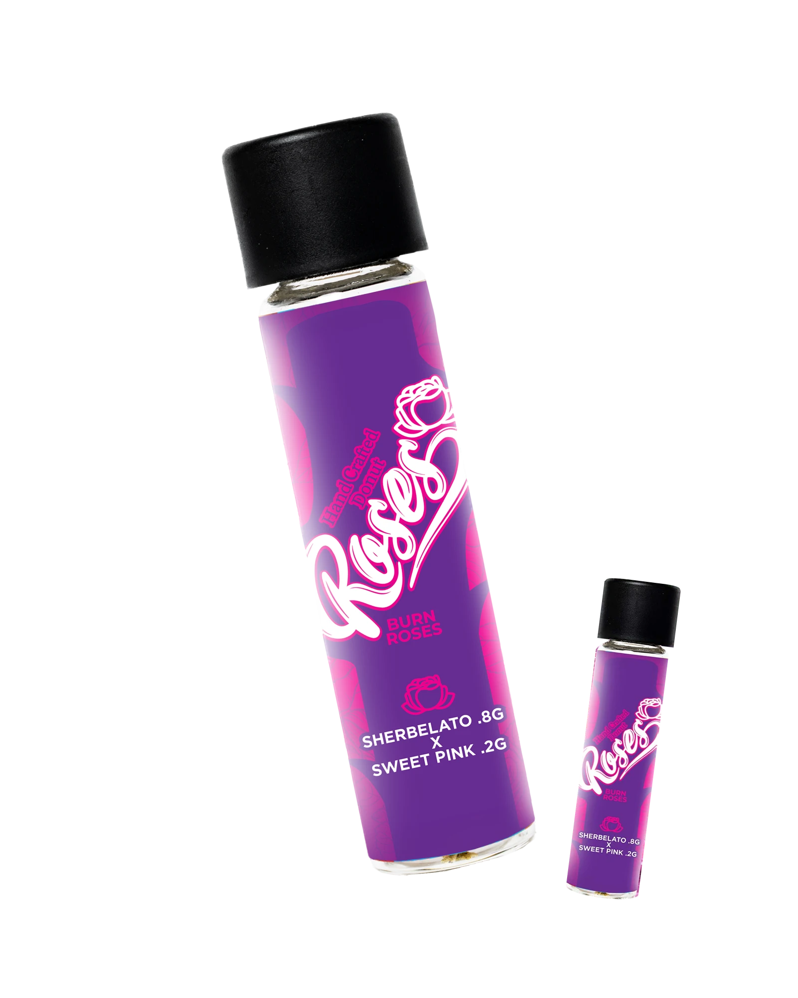Roses Hand Crafted Donut pre-roll tube and jar: Sherbelato × Sweet Pink
