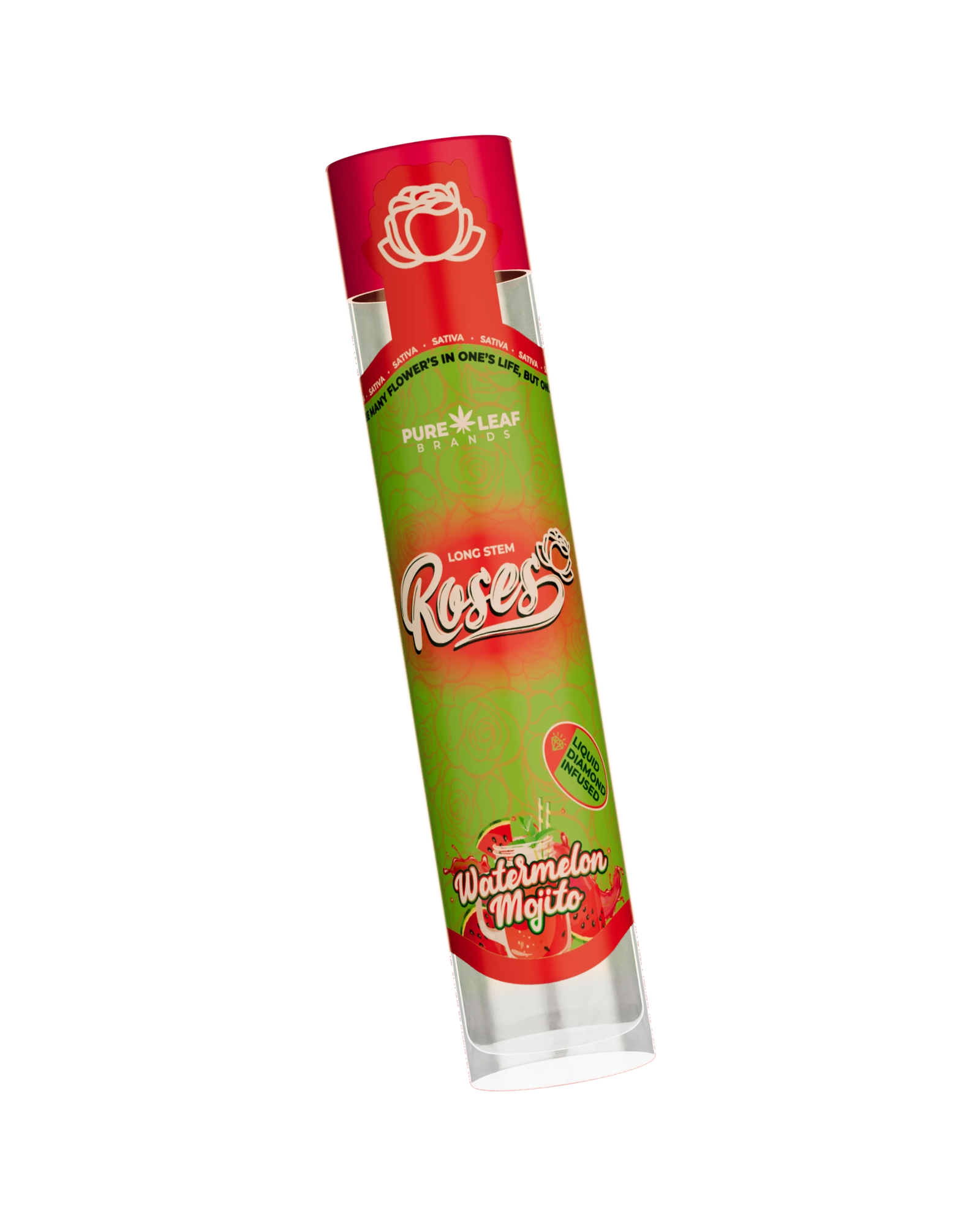 Roses Watermelon Mojito pre-roll tube on a bed of dark roses