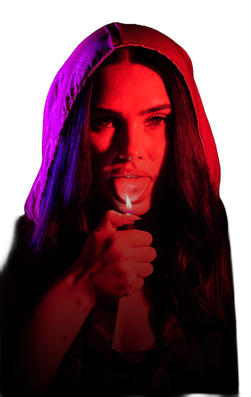 Person in a red hoodie lit in red light