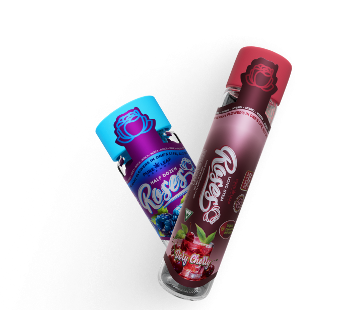 Two Roses pre-roll tubes in blue-purple and maroon packaging