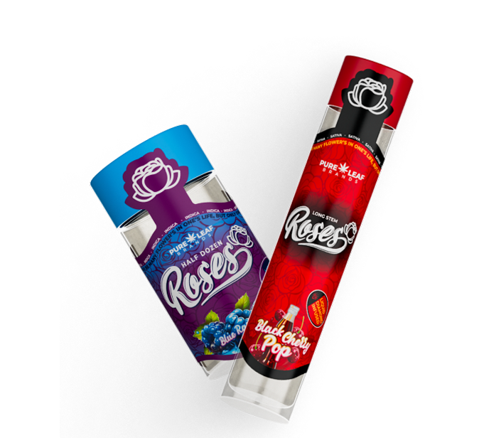 Two Roses pre-roll tubes in blue-purple and red packaging