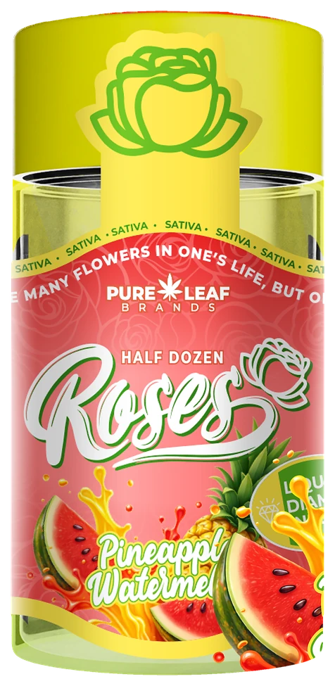 Roses Pineapple Watermelon Half Dozen 3.6g pre-roll jar in yellow and green