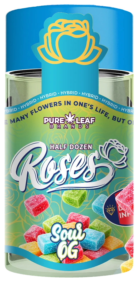 Roses Sour OG Half Dozen 3.6g pre-roll jar in blue