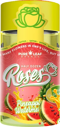 Roses Pineapple Watermelon Half Dozen 3.6g pre-roll jar in yellow and green